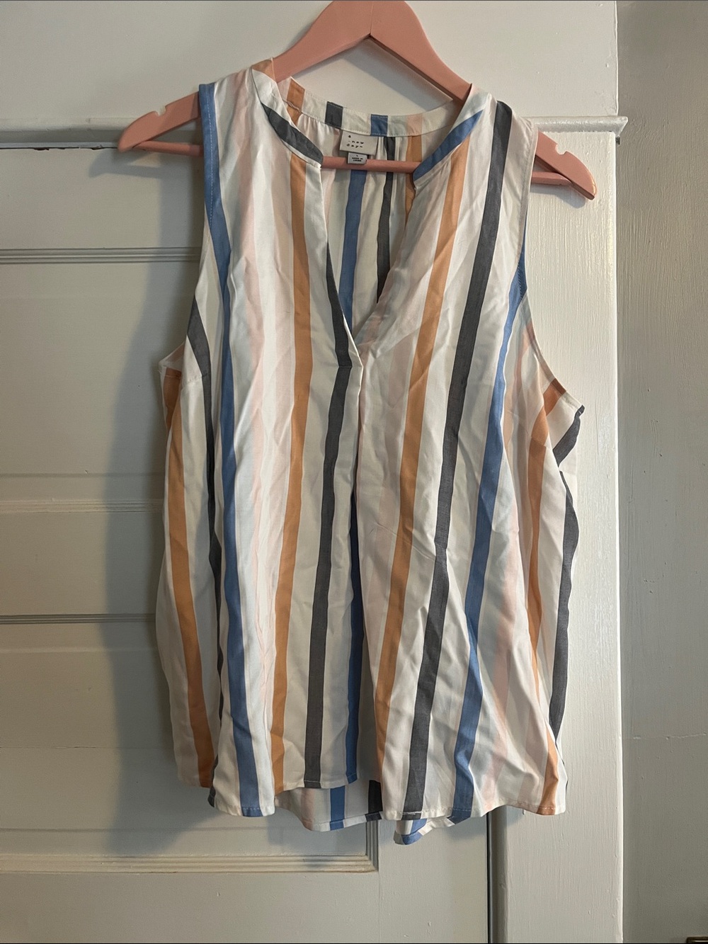 Sleeveless Striped V-Neck Blouse - Blue, Tan, Gray, White